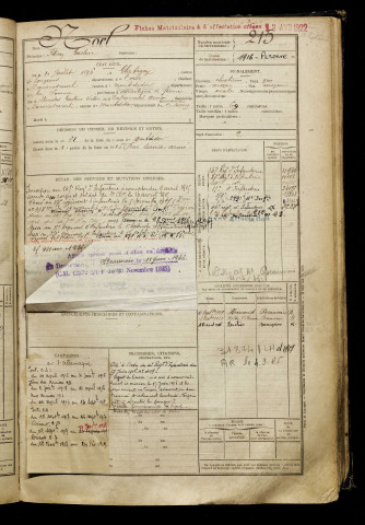 Noel, Félicien Gustave, né le 10 juillet 1896 à Glatigny (Oise), classe 1916, matricule n° 215, Bureau de recrutement de Péronne