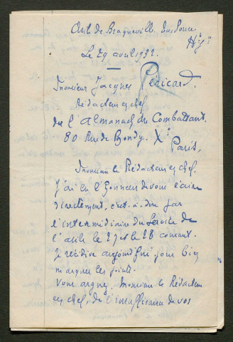 Témoignage de Larochelle, Edouard et correspondance avec Jacques Péricard