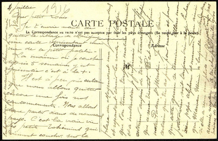 Carte postale intitulée "Marigny. Entrée". Correspondance de Raymond Paillart à son fils Louis