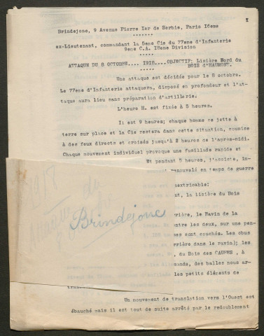 Témoignage de Brindejonc (Lieutenant) et correspondance avec Jacques Péricard
