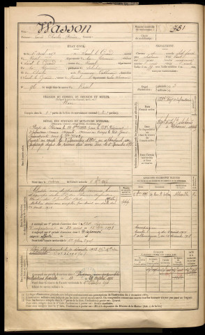 Wasson, Louis Charles Arsène, né le 01 avril 1871 à Sorel (Somme), classe 1891, matricule n° 731, Bureau de recrutement de Péronne