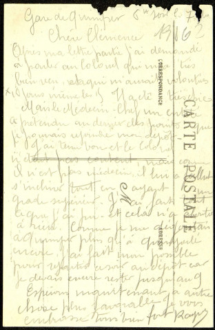 Carte postale intitulée "Quimper. La caserne du 118e de Ligne". Correspondance de Raymond Paillart à sa femme Clémence
