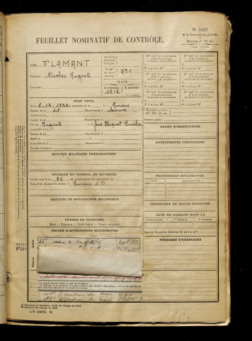 Flamant, Nicolas Auguste, né le 06 décembre 1892 à Amiens (Somme), classe 1912, matricule n° 791, Bureau de recrutement d'Amiens