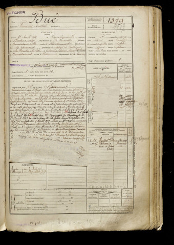 Bué, Fernand Aristide, né le 31 août 1889 à Doudelainville (Somme), classe 1909, matricule n° 1379, Bureau de recrutement d'Abbeville