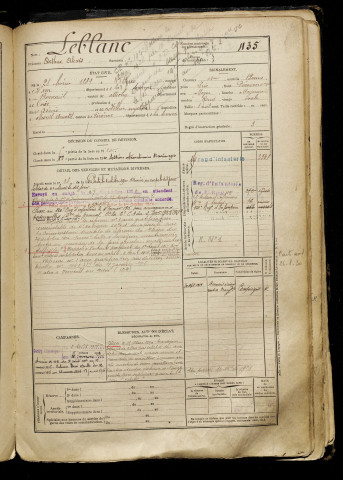Leblanc, Arthur Alexis, né le 28 février 1889 à Athies (Somme), classe 1909, matricule n° 435, Bureau de recrutement de Péronne