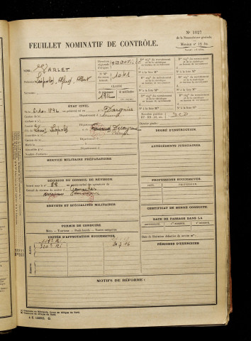 Varlet, Léopold Alfred Albert, né le 06 octobre 1892 à Dargnies (Somme), classe 1912, matricule n° 1041, Bureau de recrutement d'Abbeville