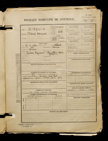 Diaquin, Désiré Edouard, né le 30 septembre 1891 à Albert (Somme), classe 1911, matricule n° 513, Bureau de recrutement d'Amiens