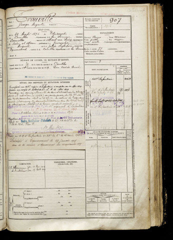 Trouville, Georges Auguste, né le 22 août 1896 à Étricourt-Manancourt (Somme), classe 1916, matricule n° 907, Bureau de recrutement de Péronne