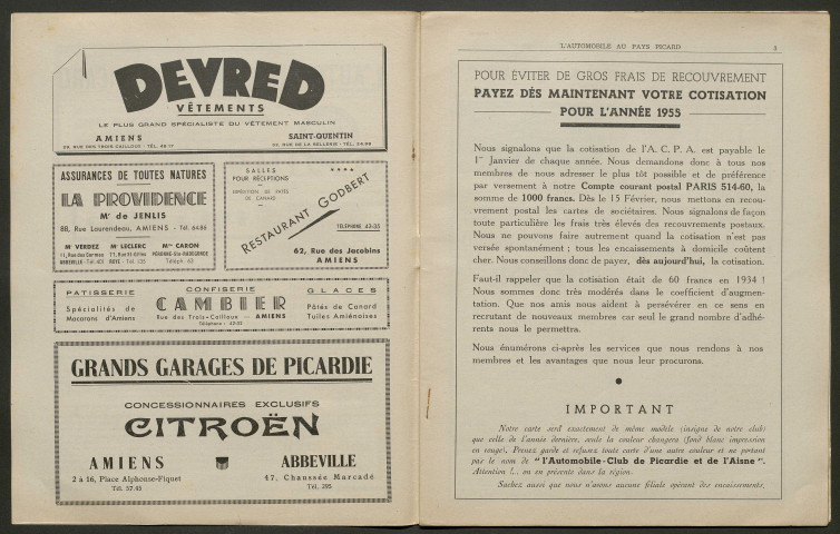 L'Automobile au Pays Picard. Revue de l'Automobile et du Tourisme. Organe officiel de l'Automobile-Club de Picardie et de l'Aisne, 378, janvier 1955