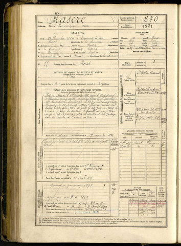 Maseré, Louis Dominique, né le 26 décembre 1864 à Aizecourt-le-Bas (Somme, France), classe 1884, matricule n° 870, Bureau de recrutement de Péronne