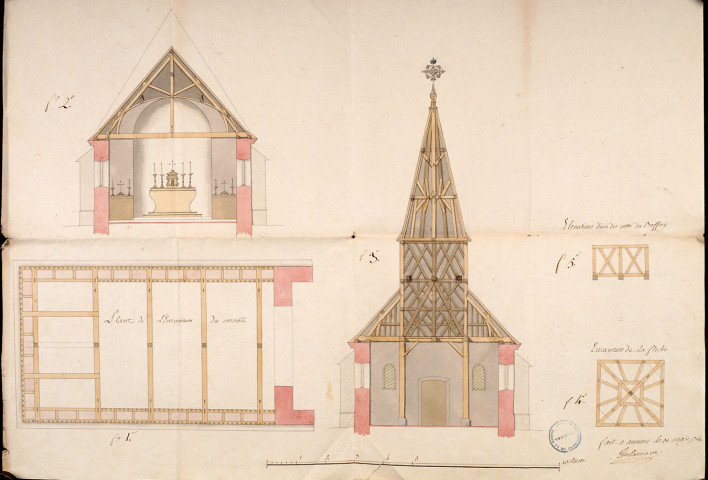 Plan de l'église et du clocher de Revelles figurant la charpente de la flêche, le choeur et l'autel