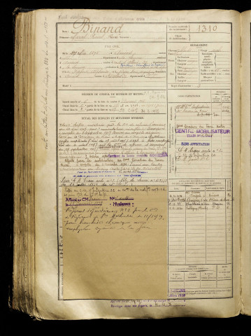 Binand, Marcel Raoul René, né le 27 mai 1895 à Amiens (Somme), classe 1915, matricule n° 1310, Bureau de recrutement d'Amiens