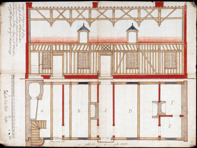 Travaux du presbytère d'Aizecourt le Bas : plan au sol et élévation de la façade à colombages
