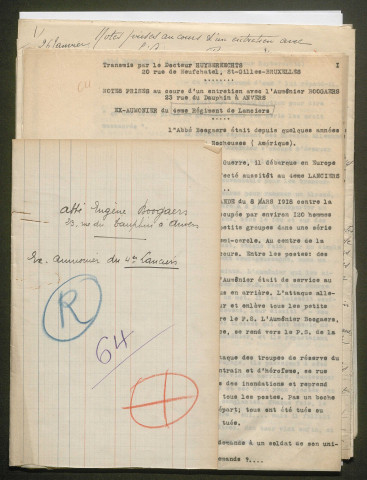 Témoignage de Boogaers (Abbé), Eugène (Aumônier) et correspondance avec Jacques Péricard