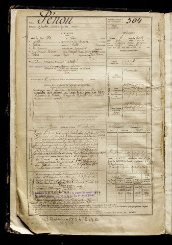 Pénon, Charles Adrien Gaston, né le 03 mai 1883 à Nibas (Somme), classe 1903, matricule n° 504, Bureau de recrutement d'Abbeville