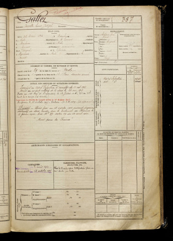 Gallet, Camille Louis Joseph, né le 26 mars 1893 à Morchain (Somme), classe 1913, matricule n° 387, Bureau de recrutement de Péronne