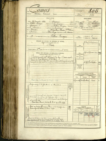 Camus, Théotime Edmond, né le 25 janvier 1860 à Querrieu (Somme, France), classe 1880, matricule n° 806, Bureau de recrutement d'Amiens