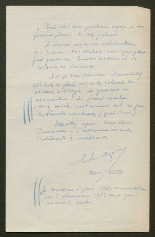 Témoignage de Arpin, Charles et correspondance avec Jacques Péricard