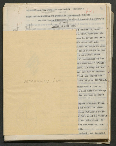 Témoignage de Detournay, Louis (Colonel médecin) et correspondance avec Jacques Péricard
