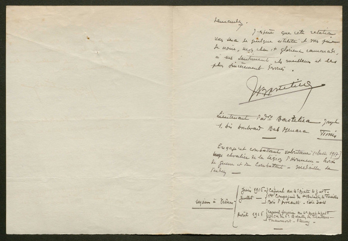 Témoignage de Bastelica, J. (Lieutenant) et correspondance avec Jacques Péricard