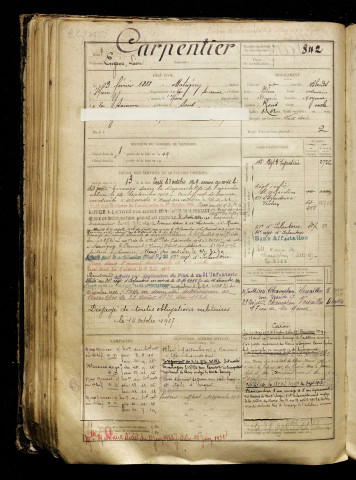 Carpentier, Eugène Léon, né le 03 février 1888 à Matigny (Somme), classe 1908, matricule n° 842, Bureau de recrutement de Péronne