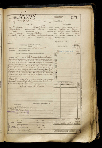 Levert, Gustave Anatole, né le 27 janvier 1889 à Condé-Folie (Somme), classe 1909, matricule n° 271, Bureau de recrutement de Péronne