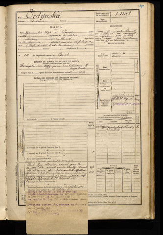 Ordynska, Antoine, né le 19 novembre 1874 à Paris (Paris), classe 1894, matricule n° 1431, Bureau de recrutement d'Amiens