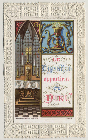 Image pieuse dentelle. Le dimanche appartient à Dieu. Un autel