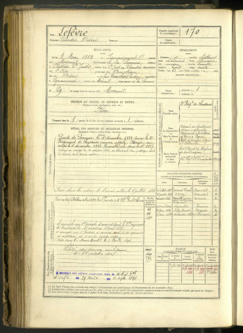 Lefèvre, Léandre Désiré, né le 8 mai 1862 à Ignaucourt (Somme, France), classe 1882, matricule n° 170, Bureau de recrutement de Péronne