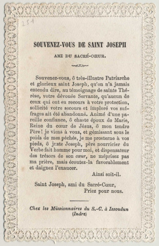 Image pieuse dentelle. Saint Joseph ami du Sacré-Coeur priez pour nous. Saint Joseph et l'Enfant Jésus avec le Sacré-Coeur