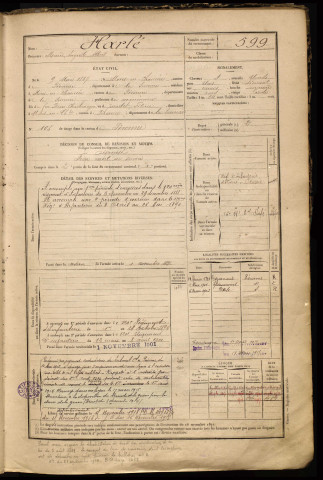 Harlé, Marie Auguste Albert, né le 09 mars 1867 à Estrées-Mons (Somme), classe 1887, matricule n° 599, Bureau de recrutement de Péronne