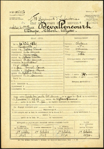 Devallencourt, Eutrope Albert Ulysse, né le 20 avril 1884 à Bougainville (Somme), classe 1904, matricule n° 313, Bureau de recrutement d'Amiens