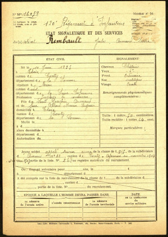 Rembault, Jules Armand Désiré, né le 10 juin 1895 à Thoix (Somme), classe 1915, matricule n° 267, Bureau de recrutement d'Amiens