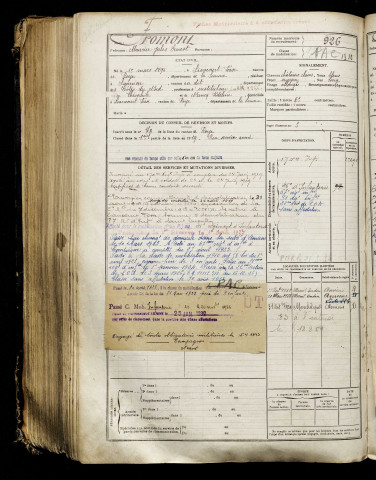 Fromont, Maurice Jules Ernest, né le 15 mars 1896 à Liancourt-Fosse (Somme), classe 1916, matricule n° 926, Bureau de recrutement de Péronne