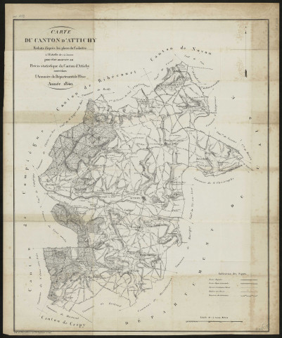Carte du canton d'Attichy, réduite d'après les plans du cadastre à l'Echelle de 1 à 50000 pour être annexée au précis statistique du canton d'Attichy inséré dans l'Annuaire du Département de l'Oise. Année 1840