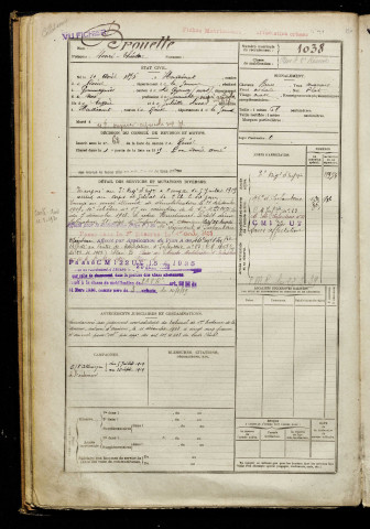 Brouette, Henri Théodore, né le 10 avril 1896 à Heudicourt (Somme), classe 1916, matricule n° 1038, Bureau de recrutement de Péronne