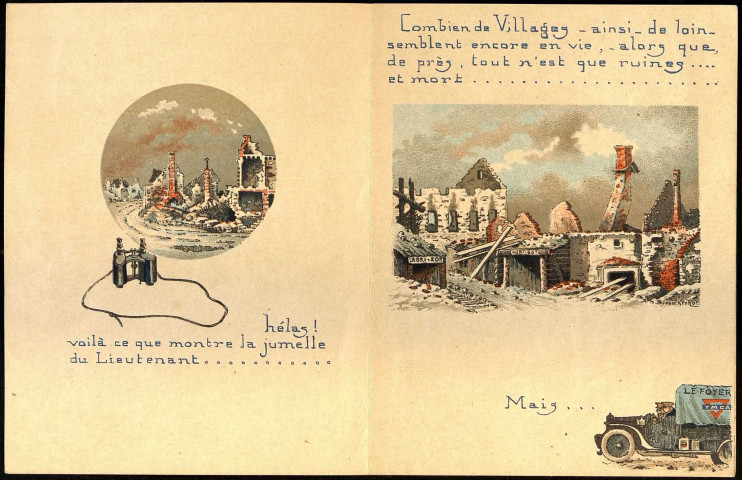 Carte en quadrichromie de l'Union Franco-Américaine éditée par YMCA, illustrant les ravages de la guerre et la reconstruction