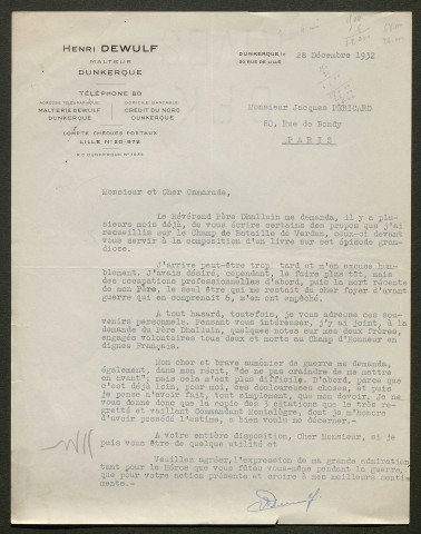 Témoignage de Dewulf Henri (Caporal brancardier) et correspondance avec Jacques Péricard