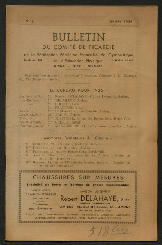 Bulletin du Comité de Picardie de la Fédération Féminine Française de Gymnastique et d'Education Physique, numéro 3 (double)