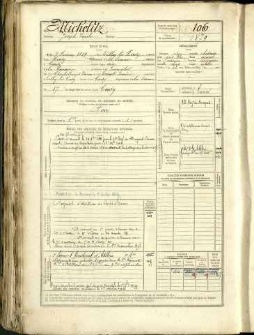 Michelilz (acte naissance Michelizt), Joseph Emile, né le 7 février 1859 à Tilloy-lès-Conty (Somme, France), classe 1880, matricule n° 106, Bureau de recrutement d'Amiens