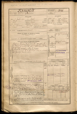 Langlet, Alfred Alphonse Bertrand, né le 07 juillet 1870 à Sorel (Somme), classe 1890, matricule n° 516, Bureau de recrutement de Péronne
