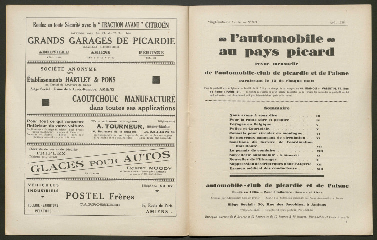 L'Automobile au Pays Picard. Revue mensuelle de l'Automobile-Club de Picardie et de l'Aisne, 323, août 1938