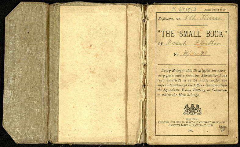 Soldiers small book - Name : Frank Flintham - N° 74 40 78 - Corps : 8th Hussars