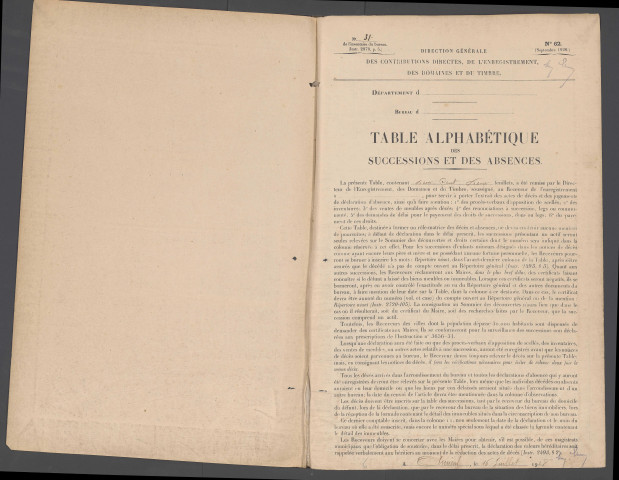 Table des successions et absences du bureau d'Albert