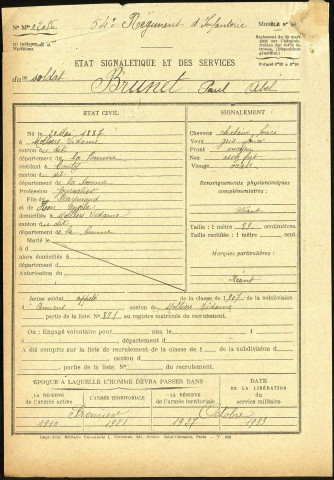 Brunet, Paul Abel, né le 20 mai 1887 à Molliens-Vidame (Somme), classe 1907, matricule n° 891, Bureau de recrutement d'Amiens