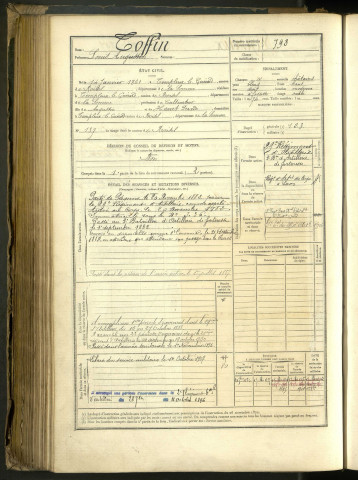 Toffin, Louis Auguste, né le 14 janvier 1861 à Templeux-le-Guérard (Somme, France), classe 1881, matricule n° 798, Bureau de recrutement Péronne