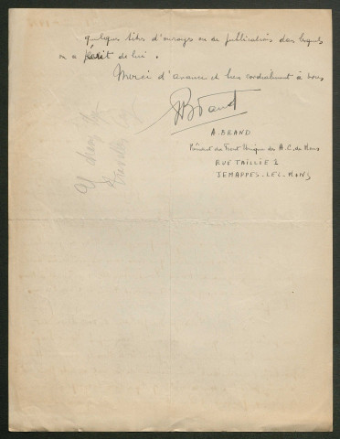 Témoignage de Brand, A. (Président du Front Unique des Anciens Combattants de Mons) et correspondance avec Jacques Péricard