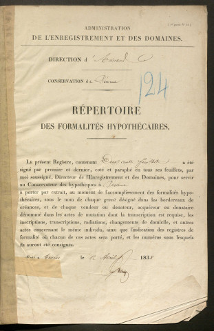 Répertoire des formalités hypothécaires, du 19/12/1848 au 03/07/1839, registre n° 124 (Péronne)