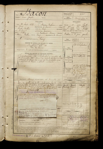 Bacon, Louis Joseph, né le 21 août 1879 à Maison-Ponthieu (Somme), classe 1899, matricule n° 655, Bureau de recrutement d'Abbeville