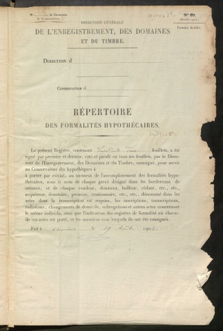 Répertoire des formalités hypothécaires, du 24/08/1906 au 31/01/1907, registre n° 350 (Péronne)